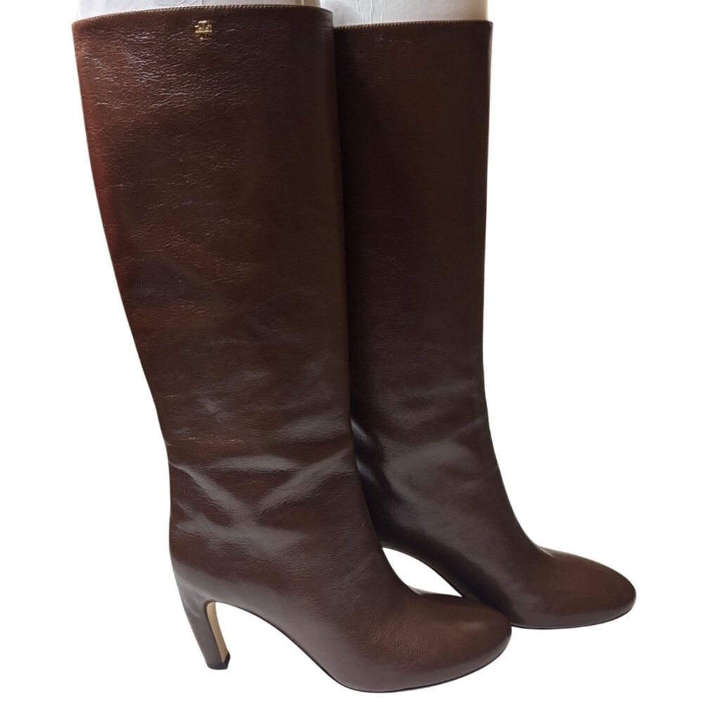 Tory Burch Brown Leather Tall Heeled Boots Knee High Pull On Size 9.5 - Picture 9 of 13